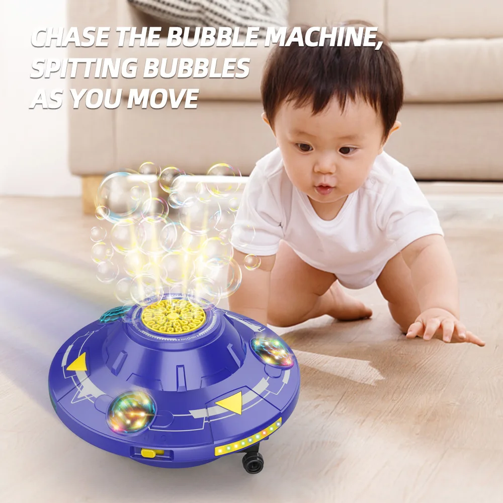 Electric UFO Bubble Machine Rotating Bubbles Gun Automatic Soap Blower with Light Outdoor Games Obstacle Avoidance Flying Saucer