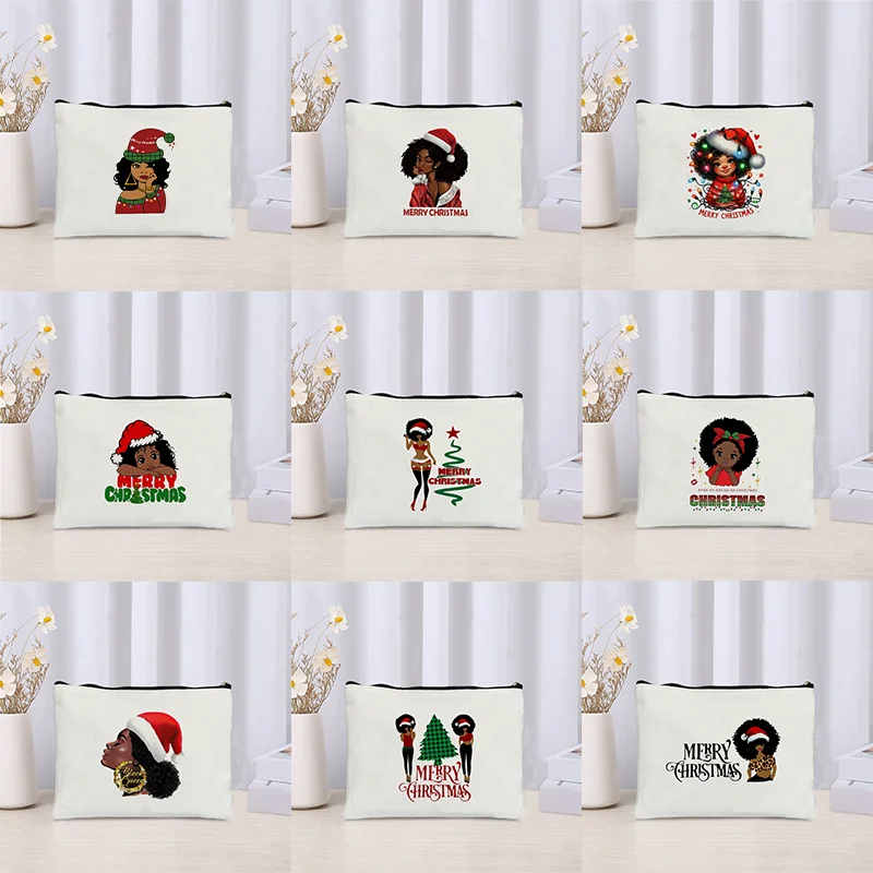 Merry Christmas Black Girl Print Pencil Case Black American Elements Makeup Pouch Melanin Girl XMAS Gift Wallet Lipstick Bag