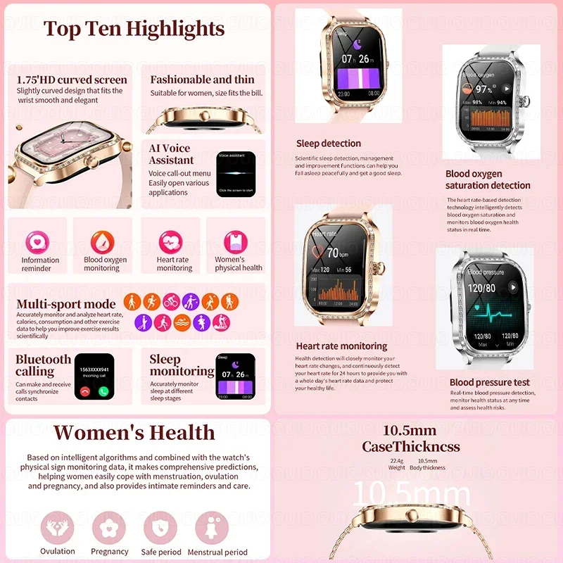 2024New Smart Watches Women Gold Luxury Diamond Women Watch Gift 24H Heart Rate Sleep Monitor Fitness Tracker smart watch Ladies