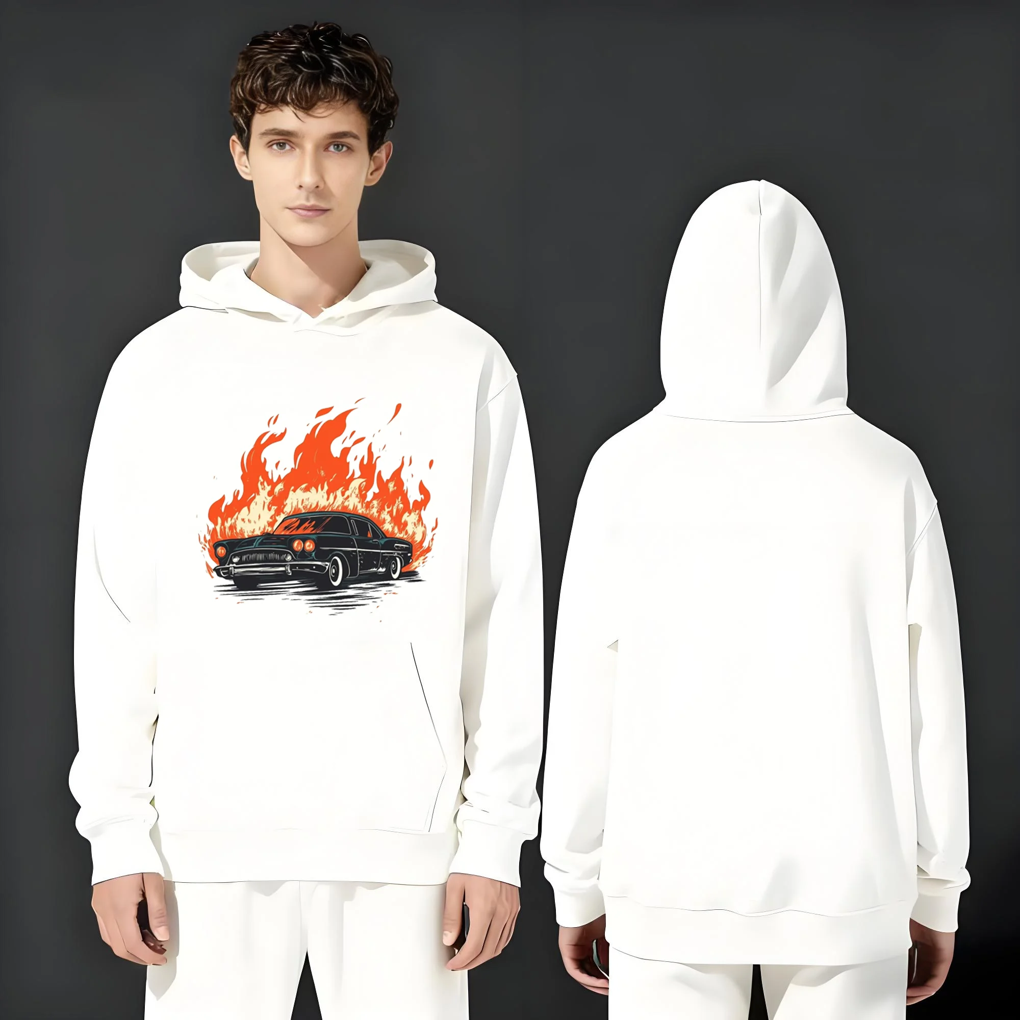 بلوفر فضفاض غير رسمي جديد 2025 Y2K 330 جرام للرجال والنساء يتميز بسيارة رياضية عصرية ومطبوعات لهب #2