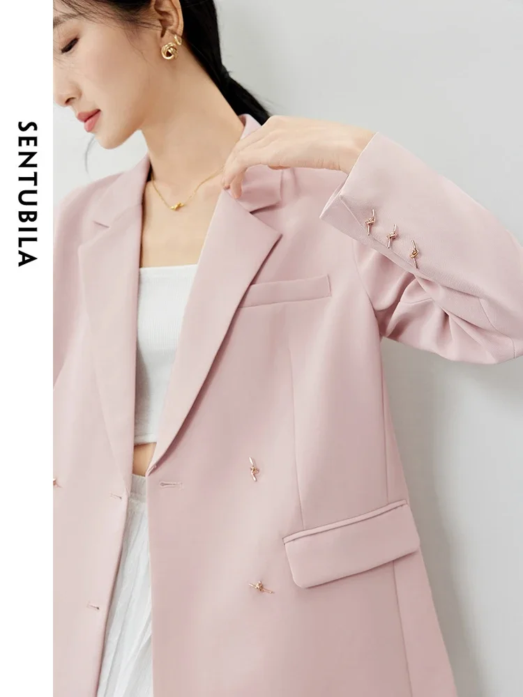 SENTUBILA Pink Blazer Women 2024 Spring Autumn Elegant Fashion Loose Office Lady Work Business Simple Tailored Coat M41X54182X