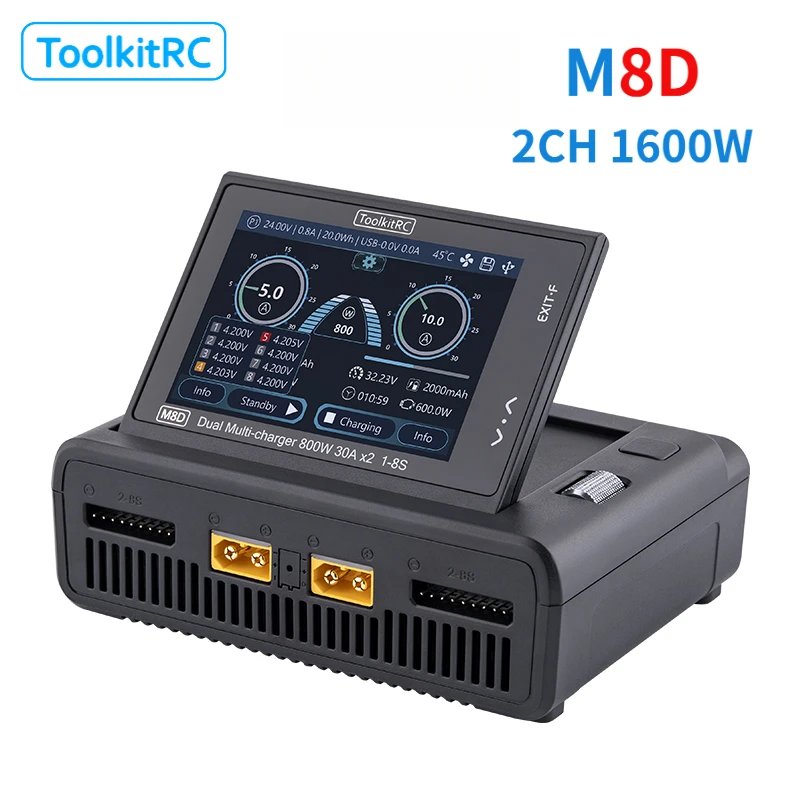 

Зарядное устройство ToolkitRC M8D для LiPo аккумуляторов моделей радиоуправляемых машин, дронов и самолетов, двухканальное, XT60, 1-8S, быстрая зарядка, сенсорный экран