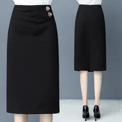 Falda acampanada de cintura alta para mujer, vestido Midi plisado de temperamento, botones formales, Color sólido, novedad de primavera, 2023