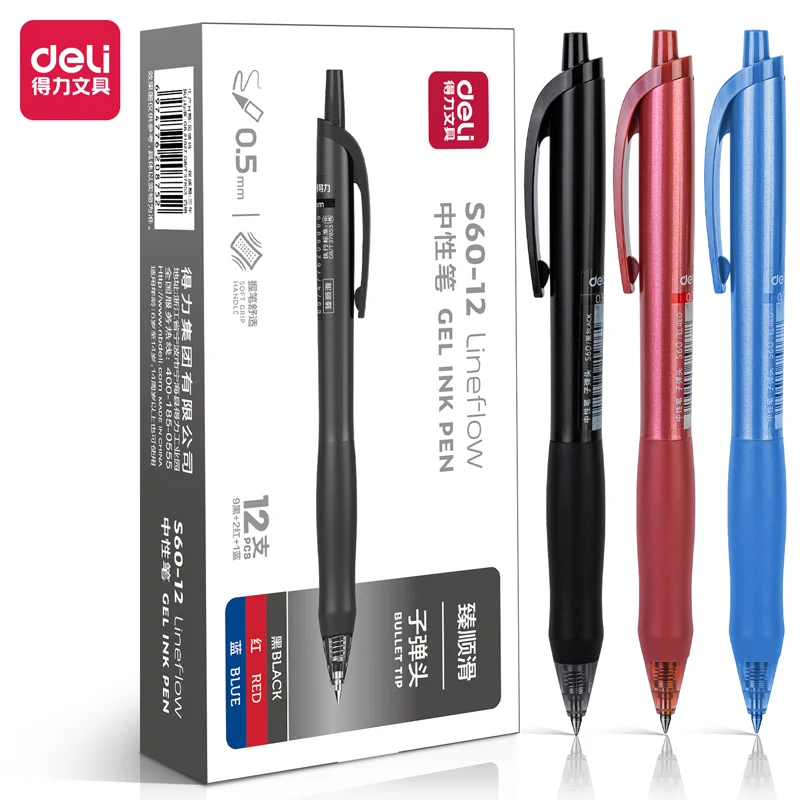 

12Pcs Deli S60-12 Gel Pens 0.5mm Black Red Blue Ink School Student Supplies Stationery