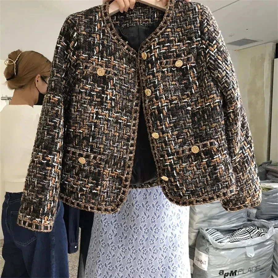 

Vintage Tweed Jackets Women's Outwear Casaco Autumn Winter New Korean Design Sense Loose Single-Breasted Woolen Jacket Tops