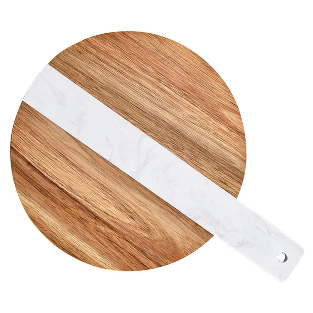 

Natural Wood Marble Cutting Board Nordic Style Marble Spliced Double-Sided Handle Round Fruit Bread Steak Cheese Serving Board
