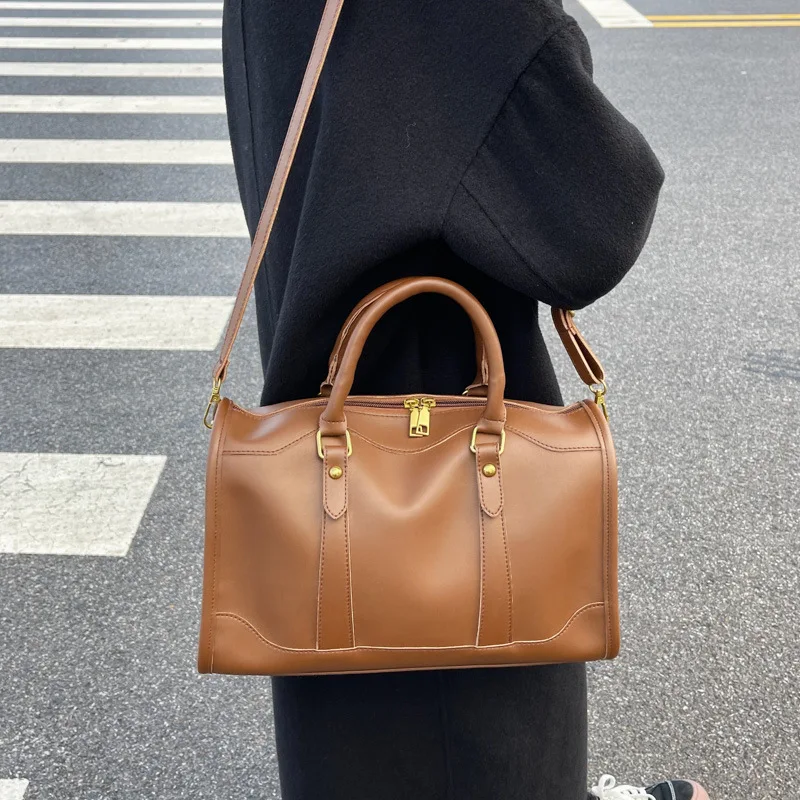 Large Capacity Tote Handle Bags Women Solid Artificial Leather Fashion Boston Crossbodybag Ladies Simple Travel Shoulder Bag