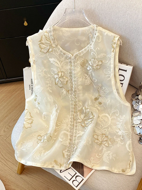

New Chinese Sle Embroidered Pearl Lightweight Luxury European Organza Women's Vest Jaet Summer Commute round Ne Button ...