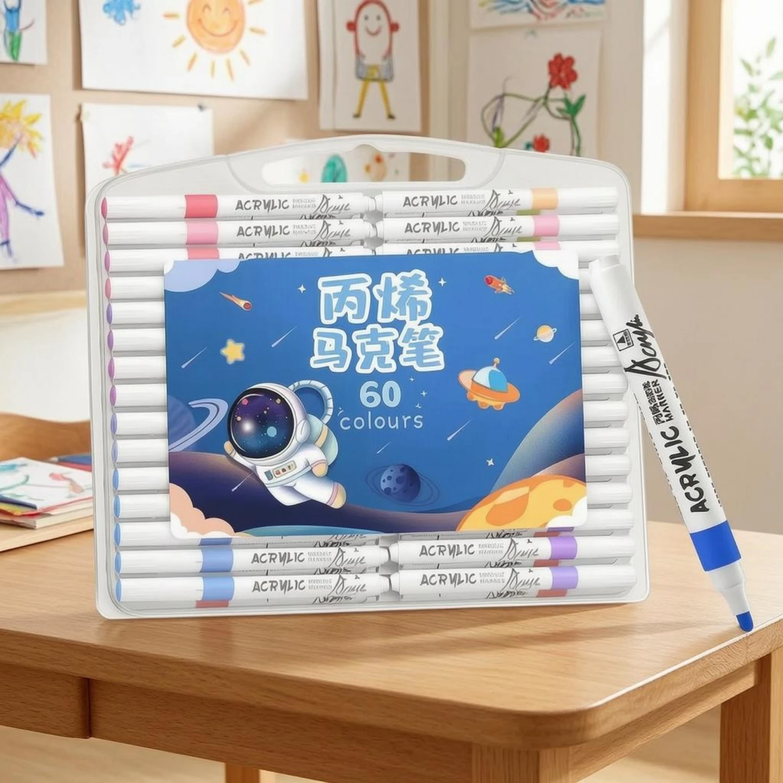 60 Pieces Acrylic Marker Pens Direct Use Children's Marker Set Art Supplies Carrying Handle Colored Tips for Drawing, Coloring