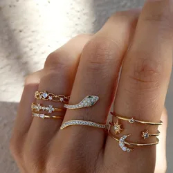 Boho Gold Color Snake Zircon Rings Set For Women Vintage Pearl Geometric Star Hollow Ring New Trendy Party Jewelry Gifts