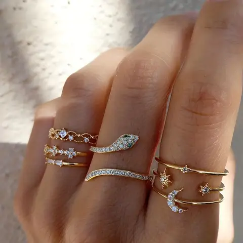 Boho 골드 컬러 스네이크 지르콘 반지 여성을위한 설정 빈티지 진주 기하학 스타 중공 반지 새로운 트렌디 파티 쥬얼리 선물 Best5