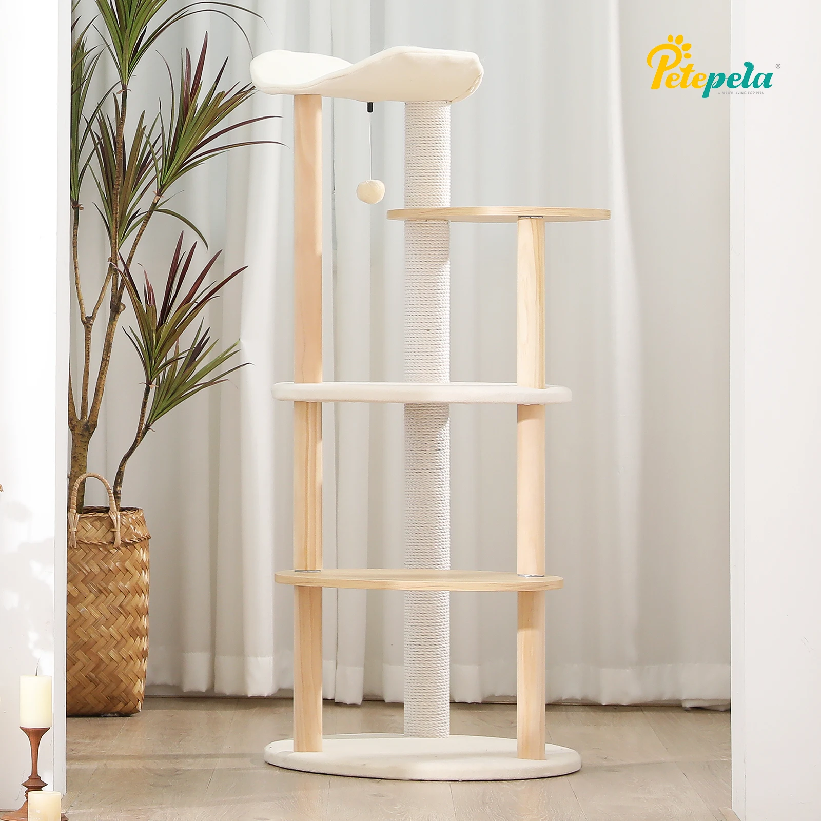 

Modern Cat Tree Tower Furniture Wooden with Scratching Post Multi-level Jumping Platform with Condo and Comfortable Perch Beige