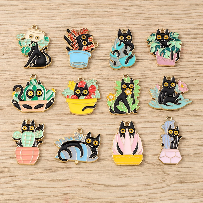 10pcs Mix Cartoon Animal Cat Charms Enamel Plant Cactus Charms Pendants for Jewelry Making Earrings Necklaces DIY Craft Supplies