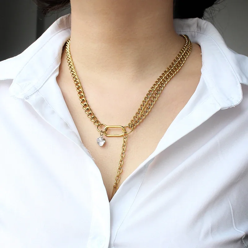 Women's Stackable Double Chain Necklace PVD Stainless Steel Necklace with Sparkling Zircon Charm Waterproof Neck Jewelry Gift