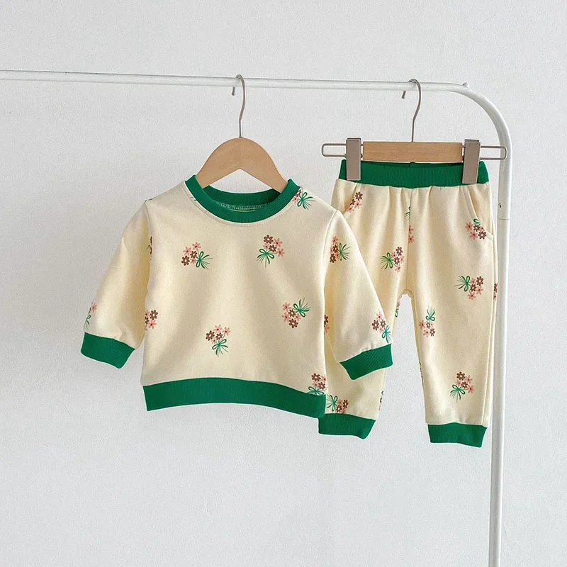 2024 Autumn New Baby Clothing Set Fashion Floral Print Cotton Infant Children Suit Girls Boys Clothes Set Kids Outfit