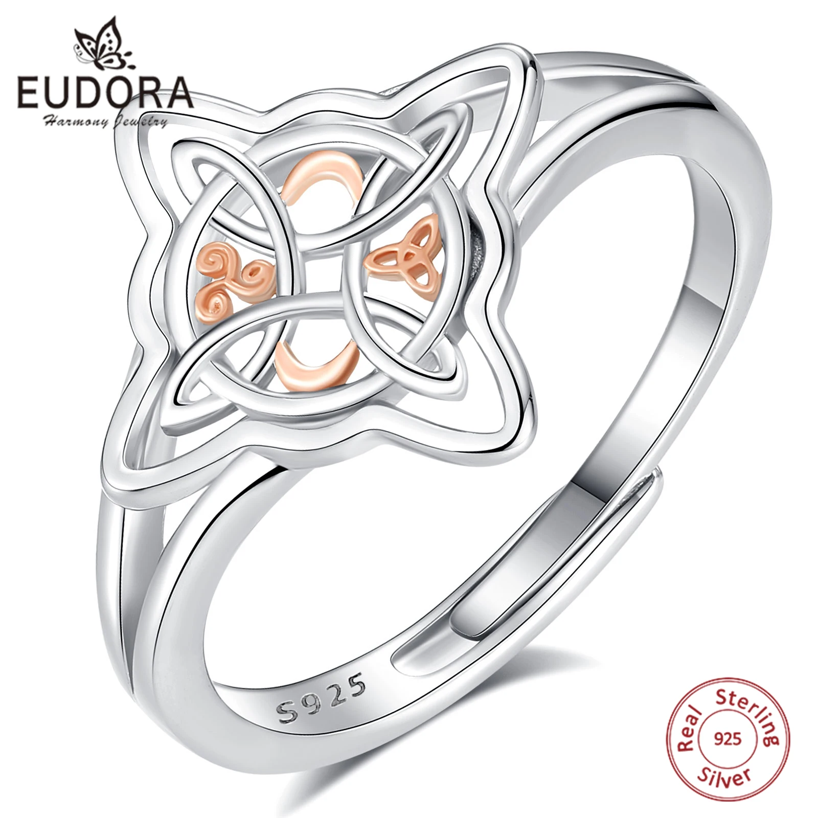 Eudora 925 Sterling Silver Witch Knot Adjustable Ring for Women Man Irish Celtic Knot Witchcraft Ring Wicca Jewelry Party Gift