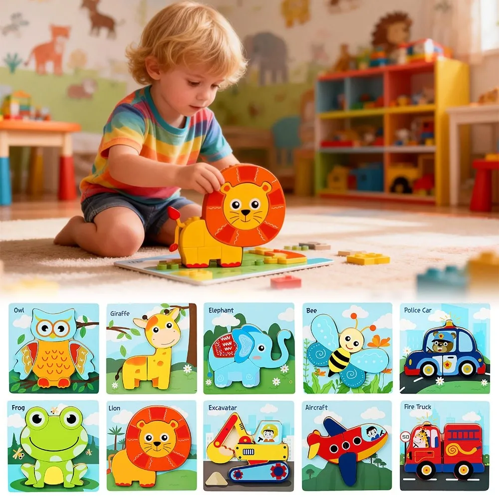 3D Wooden Puzzles Safe Portable Intelligence Puzzle Toys Cute Animal Series Early Learning Toys Children Educational Toys