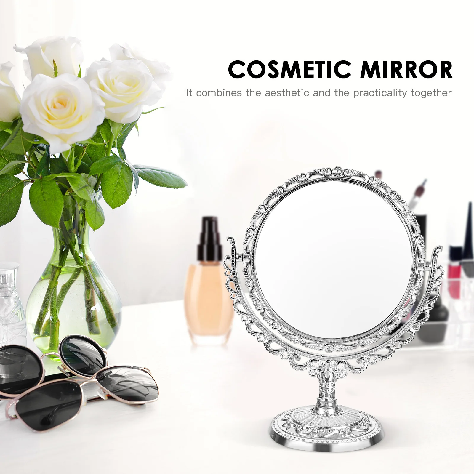 

Retro Double-Sided Heart Shape Round Makeup Mirror Vanity Desktop Bedroom Bathroom Decorative Countertop Cosmetics Mirror