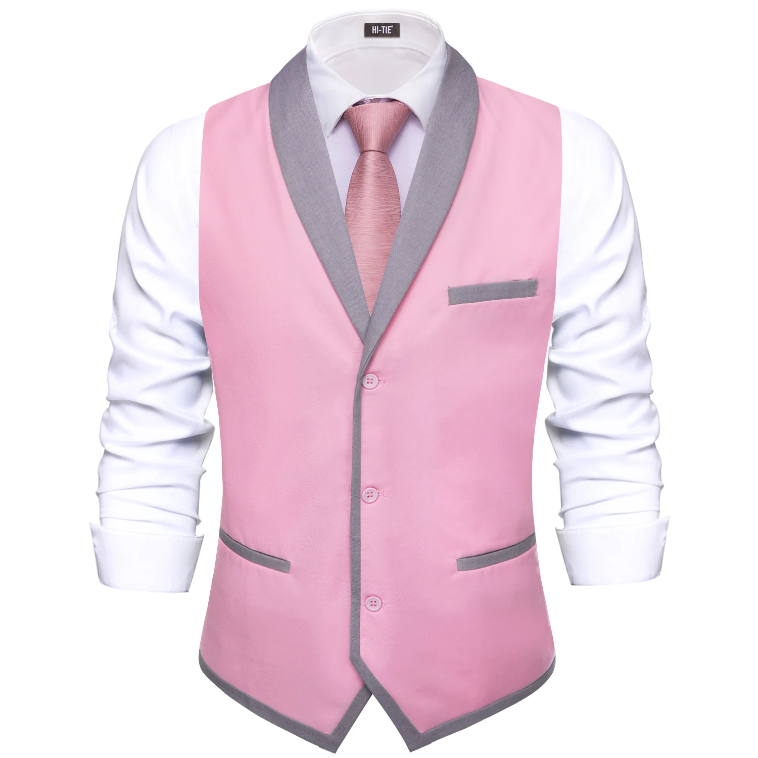 Hi-Tie Pink Grey Solid Shawl Jacquard Collar Suit Vest Slim Fit Waistcoat for Wedding Groomsmen V-Neck Tuxedo Sleeveless Jacket