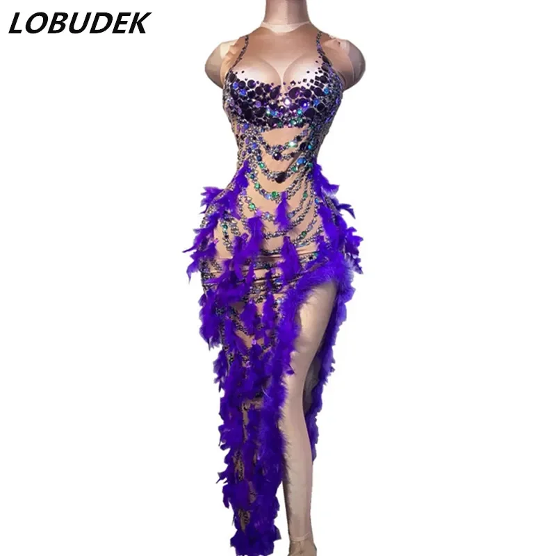 Birthday Gift Sexy Purple Feather Rhinestones  Long Dress Women Dancer Ballroom Dance Costume Nightclub Party Stage Show Clothes