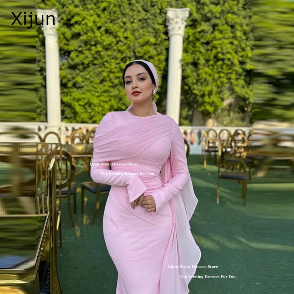 

Xijun Modest Pink Chiffon Evening Dresses O-Neck Long Sleeves Muslim Prom Gowns Dubai Pleats Mermaid Prom Gowns 2025 Customized