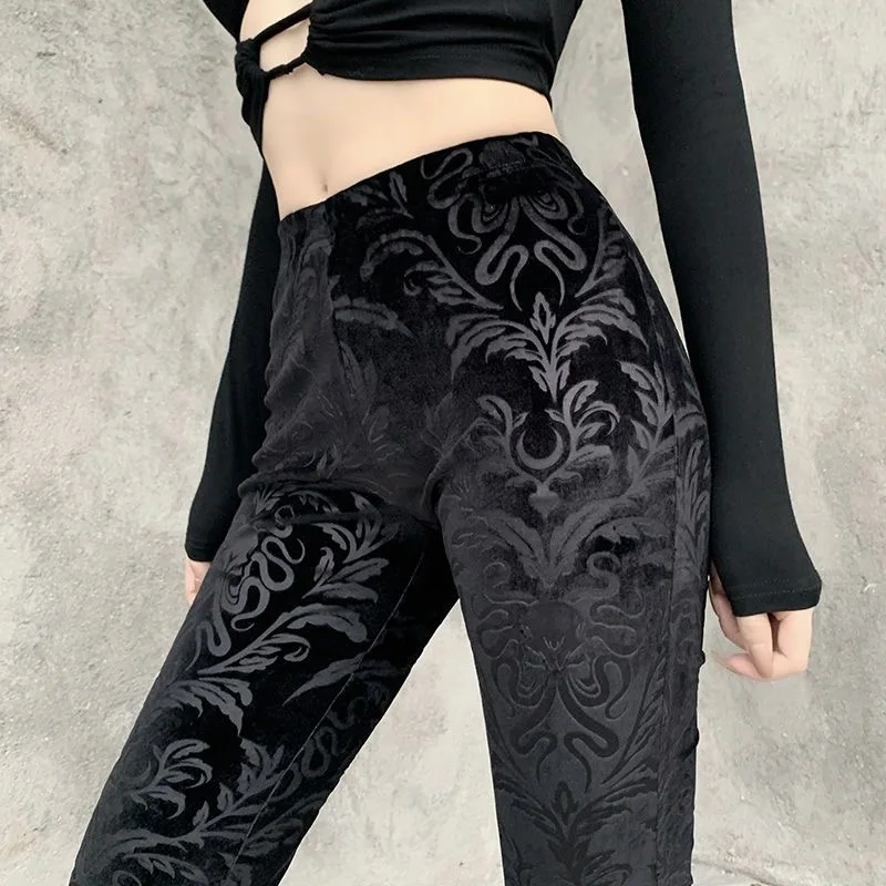 Dark Grunge Flocked Skull Floral Velvet Flare Trousers High Waist Slim Bootcut Long Pants Gothic Vintage Street Pants