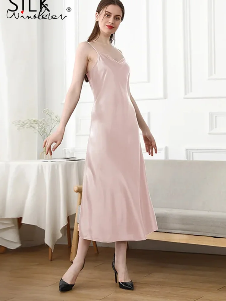 Women Pajamas Homewear,19MM 100%Real Silk Sexy Long Nightgown,Sleep Spaghetti Strap Dress,2024 Spring Summer New,P3D053QM