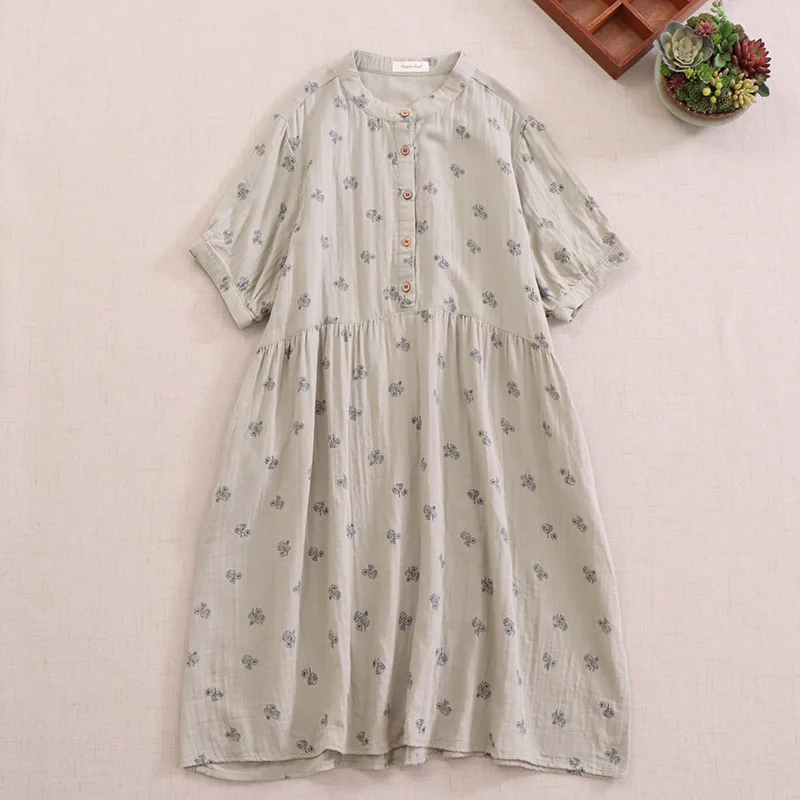 New Summer Cotton Yarn Short Sleeve Dresses Women O Neck Mori Girl Sweet Casual Retro Loose Printed Dress 2024 Autumn  D46290QC