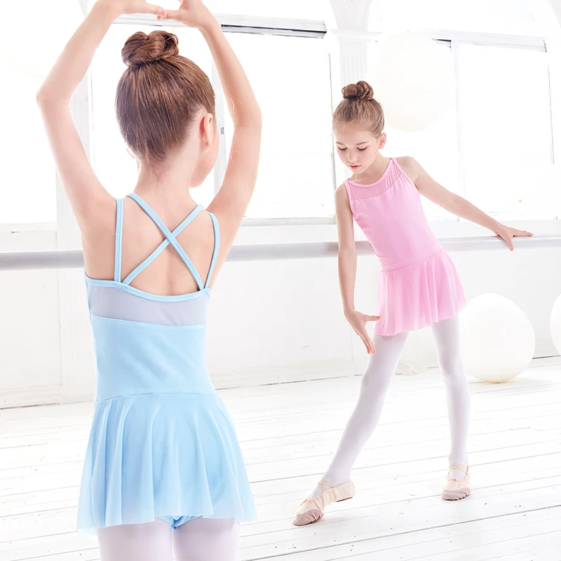 Girls Ballet Leotards Mesh Splice Dance Leotard Slip Dress Vest Cross back Leotards Bodysuit Pink Straps Gymnastics Swimsuit