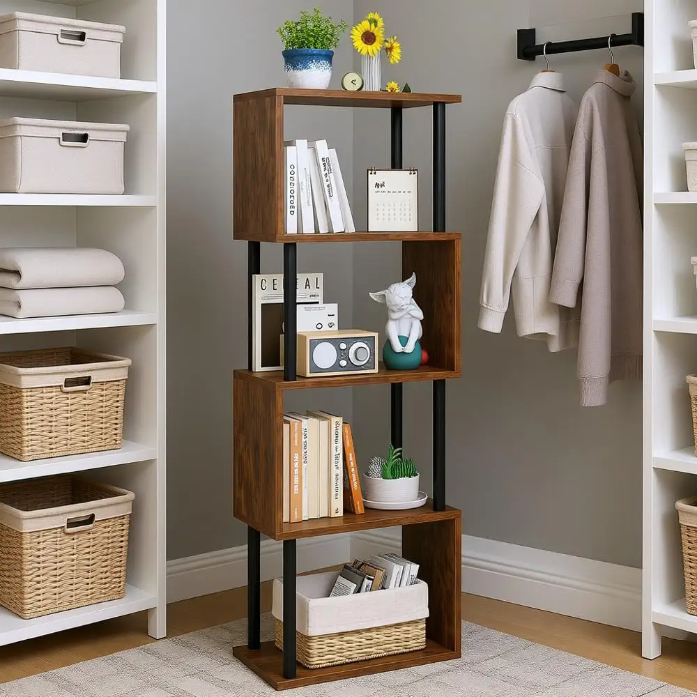 

5-Tier Tall Bookshelf, S-Shaped Geometric Wood Display Shelves, Storage for Living Room, Bedroom, Home Office, Rustic Brown