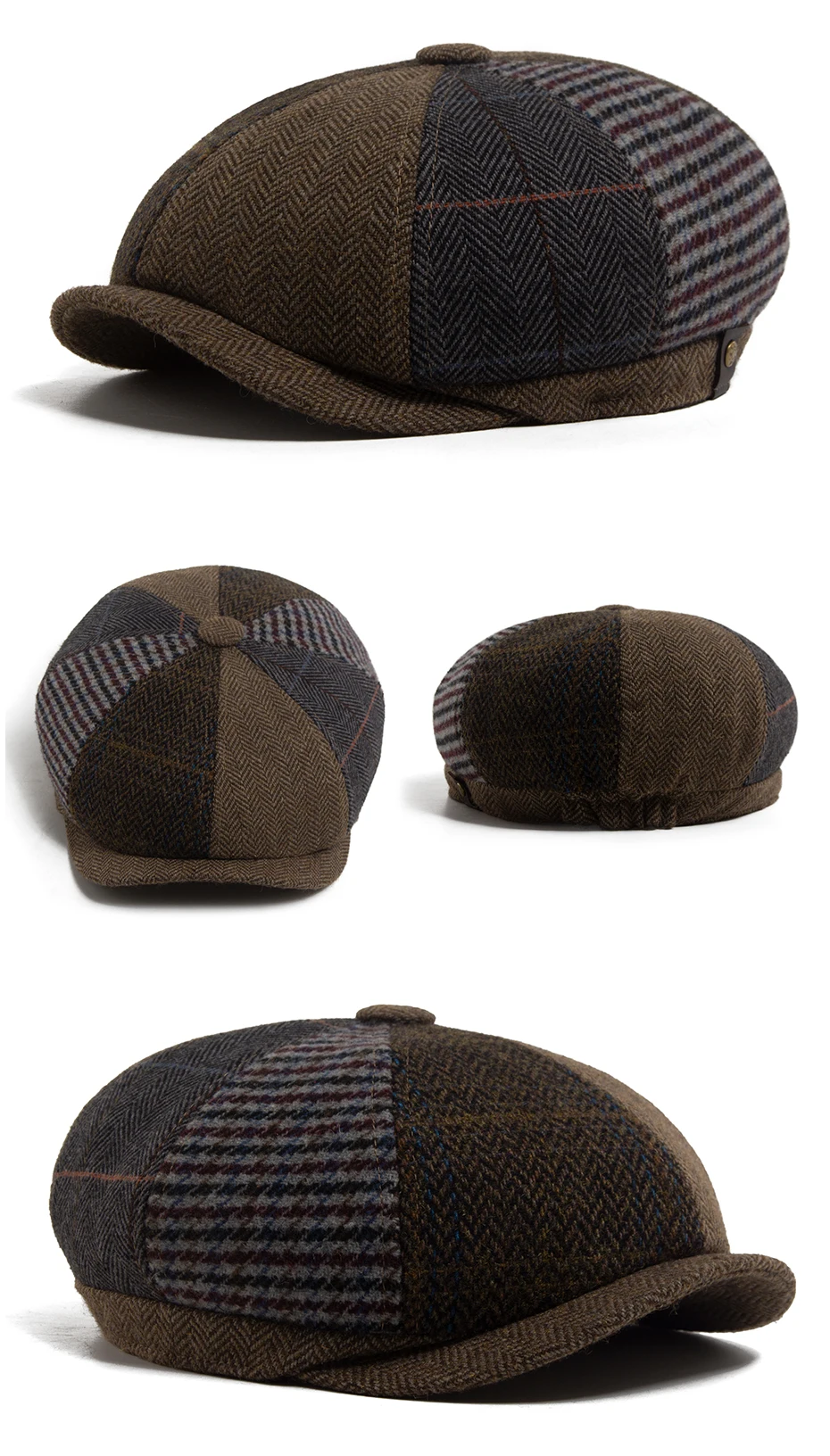 Vintage Zeitungsjunge Mütze Männer Fischgräten Plaid Patchwork Muster Frauen Baskenmütze Herbst Winter Warme Männliche Flache Kappen Achteckigen Hut Elastische – Detail 5