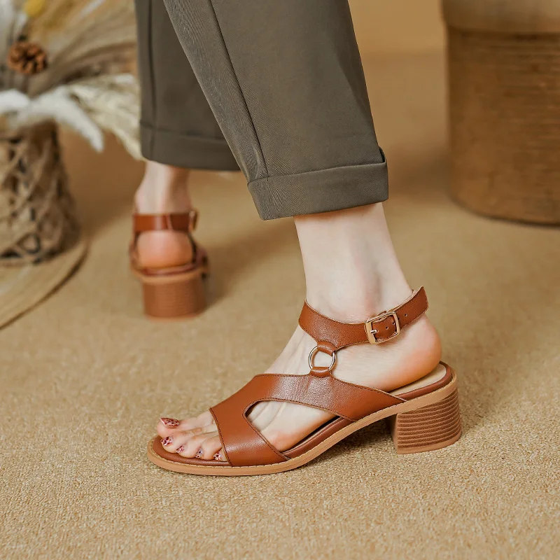 New Heels Women Genuine Leather Summer Shoes for Women 2023 Classics Ladies Buckle Dress Shoes Thick Med Heels Platform Sandals