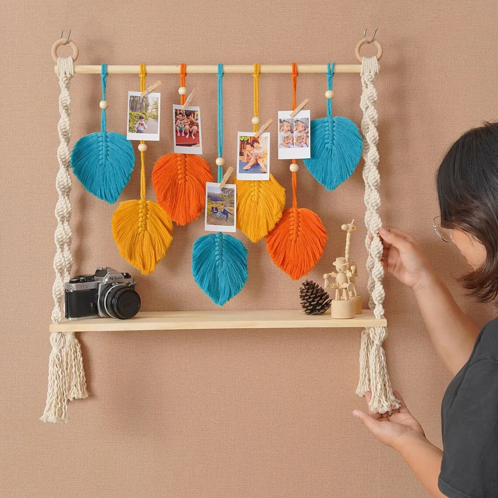 Adhesivo para papel tapiz, papel tapiz pared adhesivo, organizador para colgar en la pared tejido bohemio, estante de madera Natural, decoración bohemia para apartamento