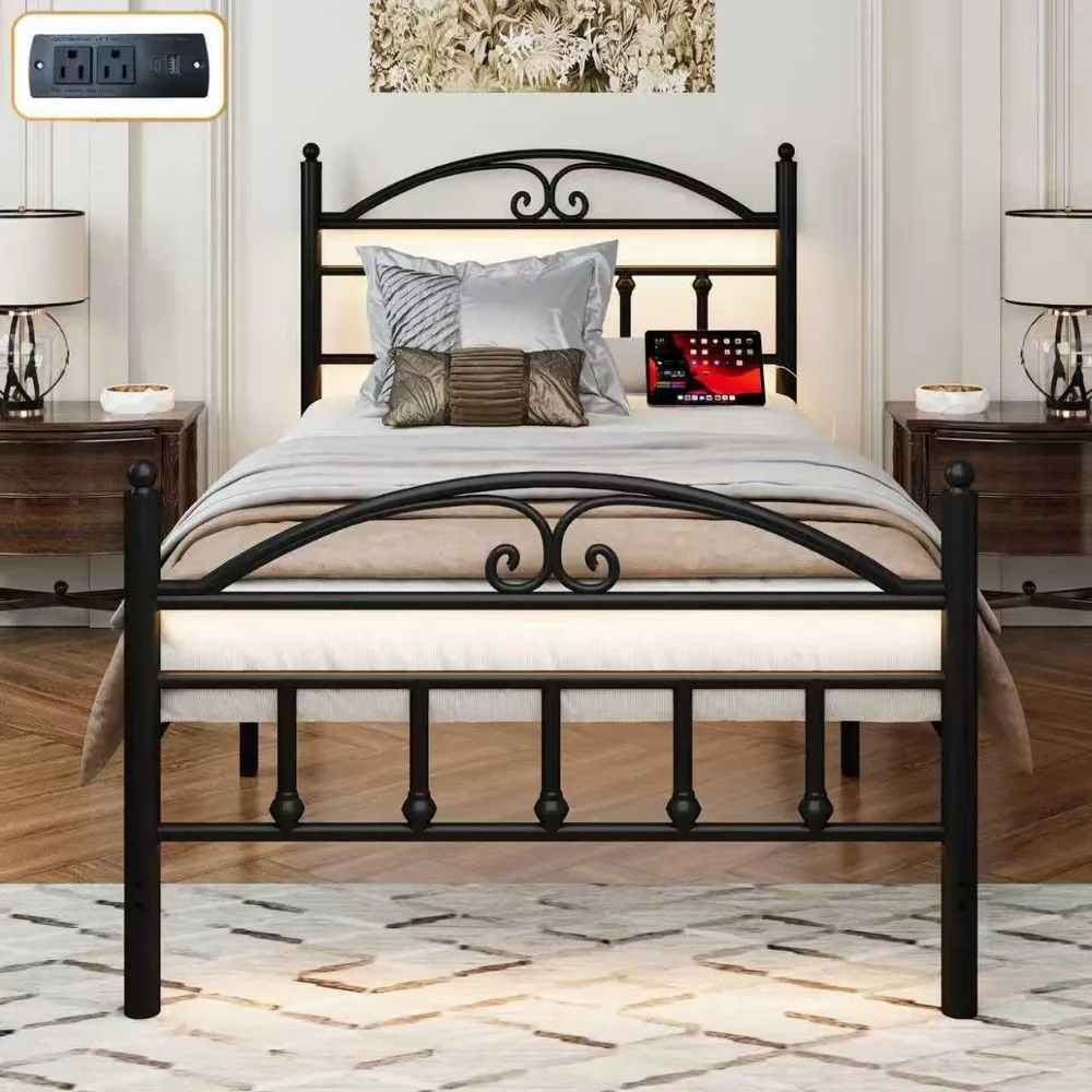 

Twin Size Bed Frames with Charging Station,Black Metal Platform Bed Frame with LED Lights,Heavy Duty Metal Steel Slats Support,N