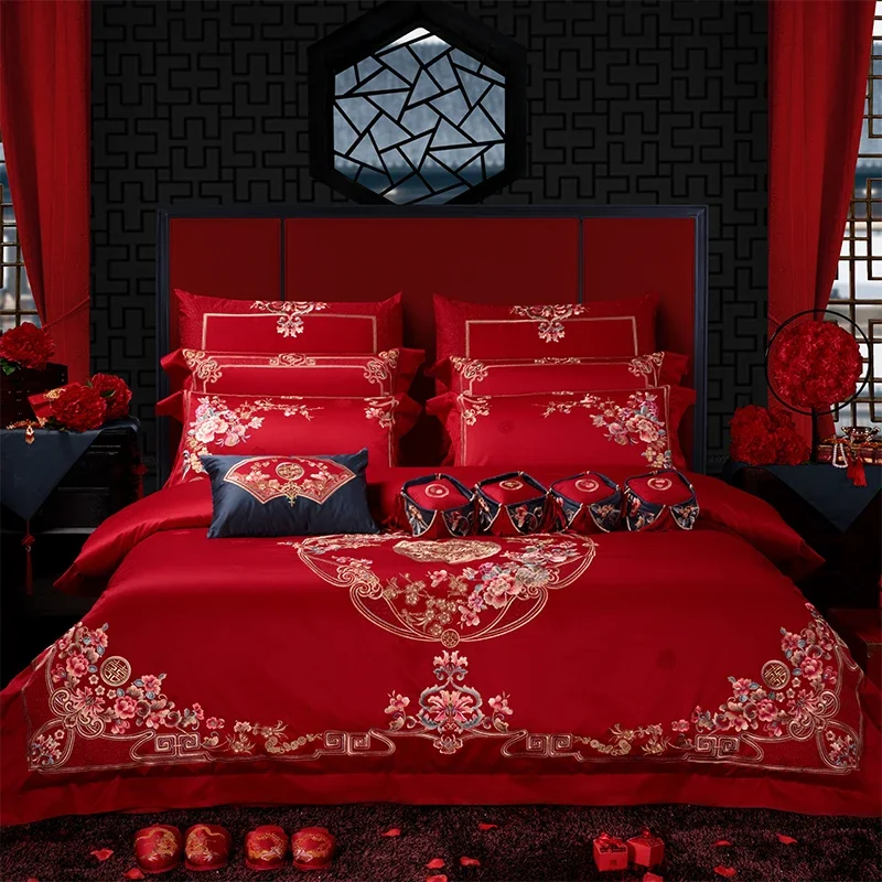 

Wedding 4-piece bedding set with bright red embroidery, celebrating the sixth wedding anniversary