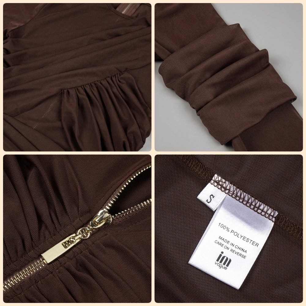 Elegant Beige Mesh Ruched Long-Sleeve Long Dress See Through Round Collar Bodycon Slimming Nightclub Birthday Party Gown