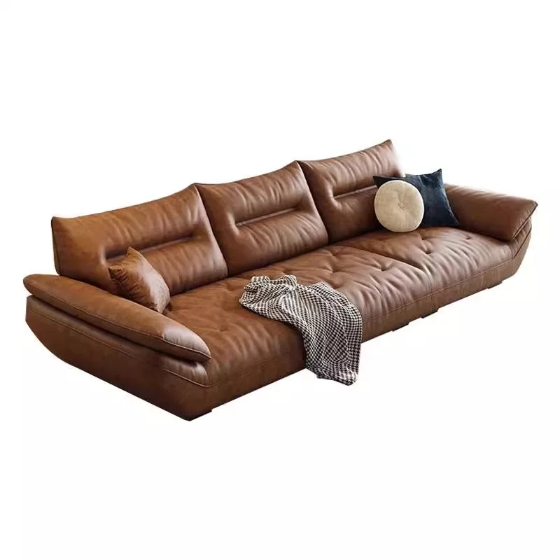

Italian light luxury leather sofa first layer cowhide simple modern straight row retro minimalist sailing cloud sofa living room