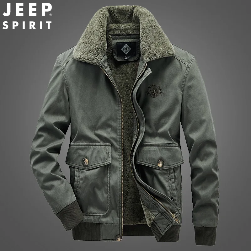 JEEP SPIRIT men jacket autumn winter plus velvet thickening outdoor leisure lapel cotton high-quality cold-proof warm clothes