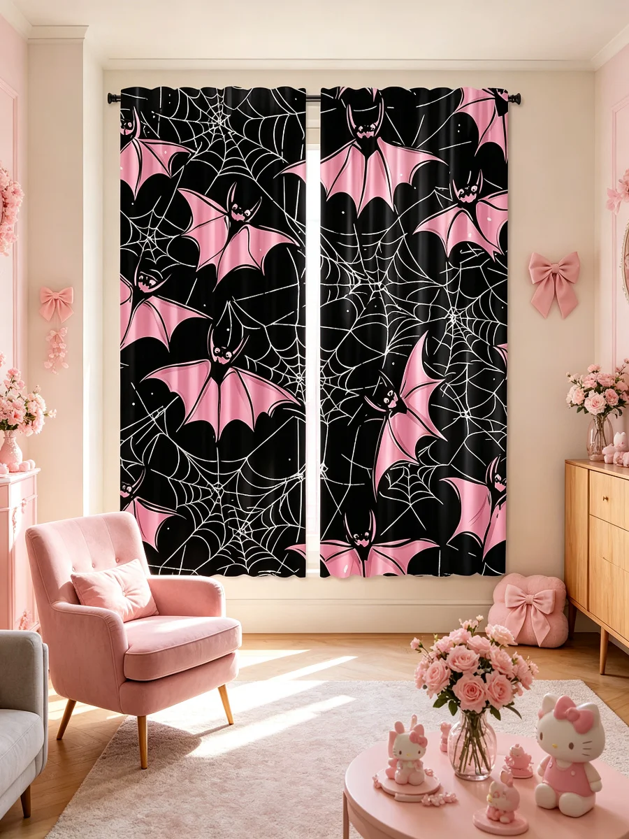 2PCS Pink Bat Black White Spider Web Curtains