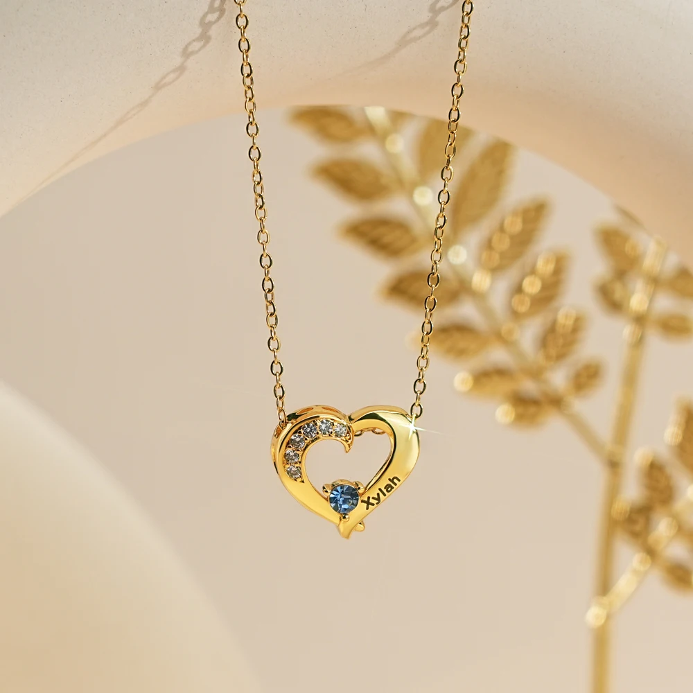Custom Names Heart Pendant Necklace with Birth Stone Birth Stone Necklace Personalized Jewellry Gift Mother's Day Gift