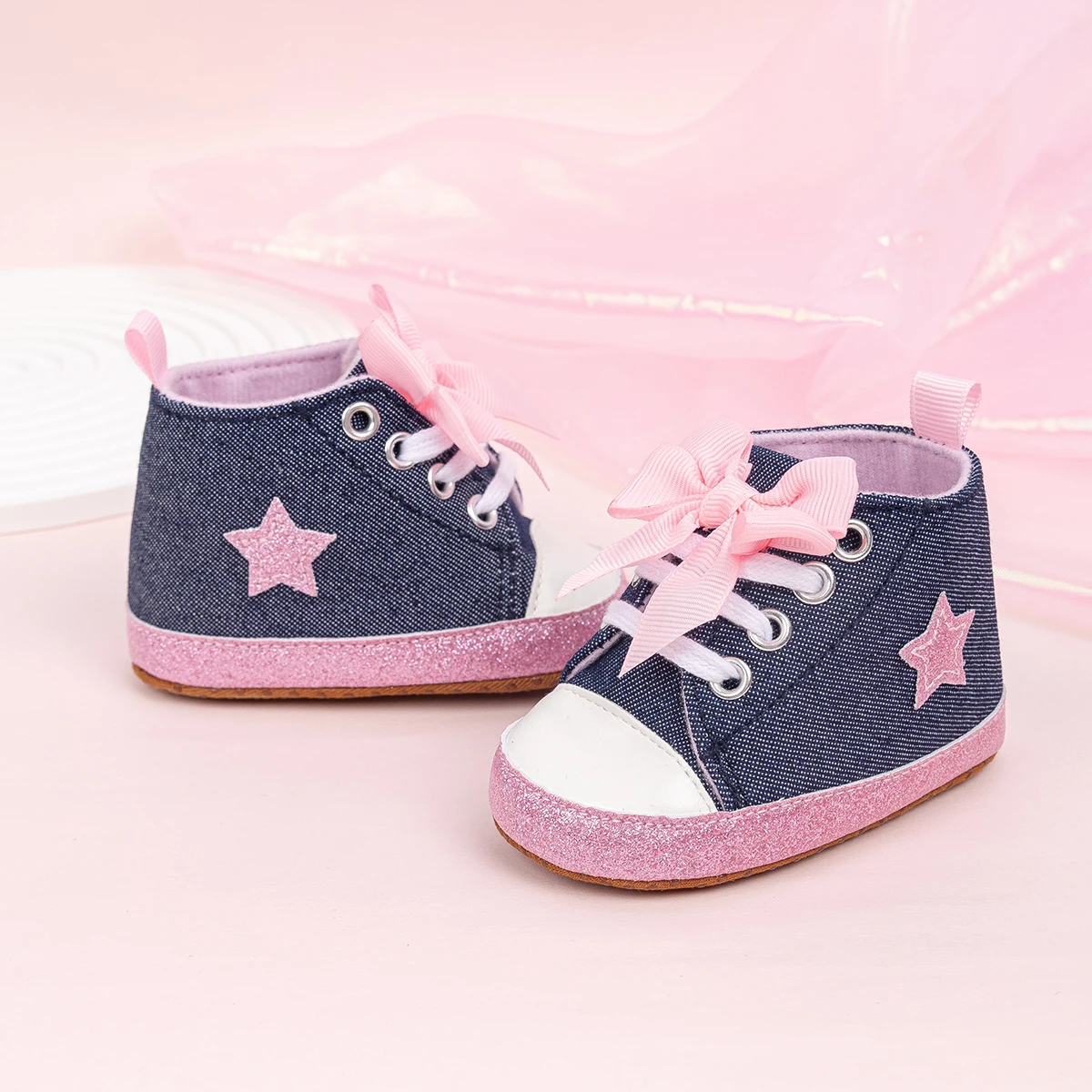 KIDSUN Casual Bow Baby Girls High Tops Ankle Sneakers Anti-Slip Soft Cotton Sole Newborn Prewalker First Walking Crib Shoes