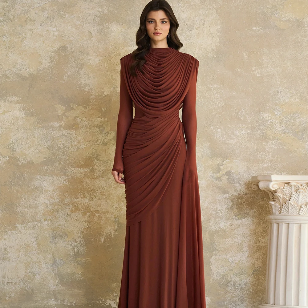 

Mermaid Chiffon Customized Homecoming Dresses Floor Length Special Occasion Gowns Pleats O-Neck Long Sleeves Evening Dress