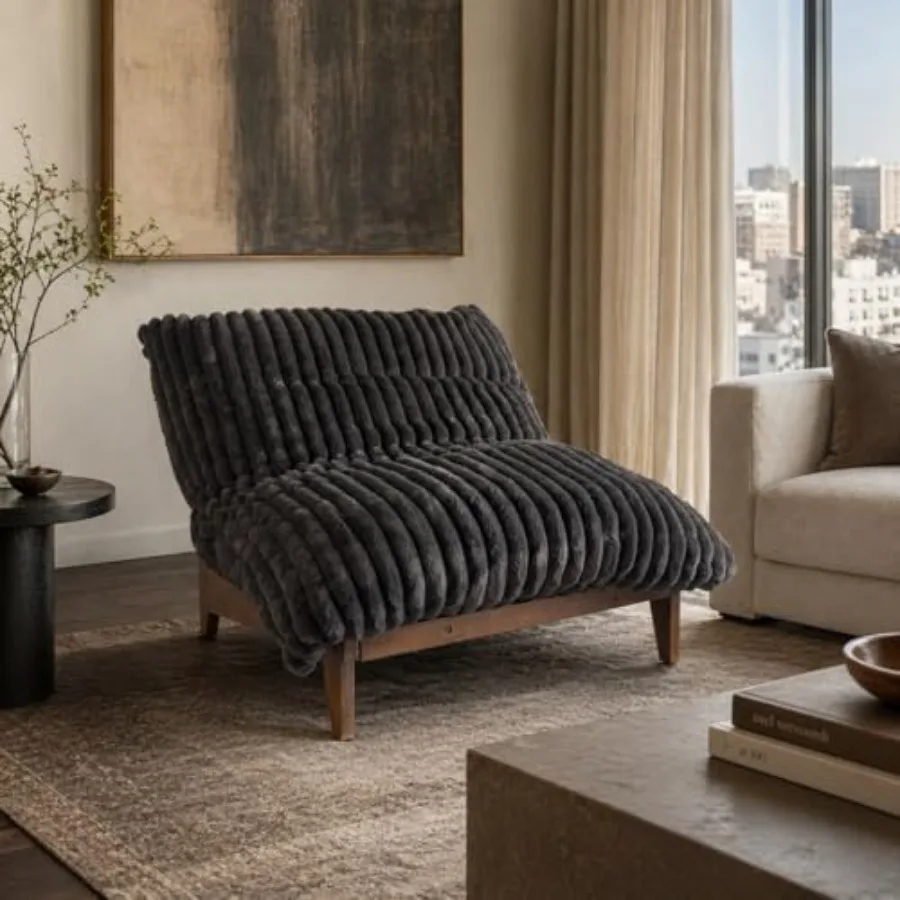 Giant Bean Bag Chair for gaming and reading, faux fur grey oversized lounge sofa with acacia wood frame and filler, soft durabl