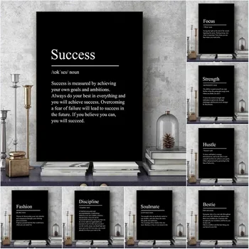 Minimalist Inspirational Quote Poster – Black & White Canvas Wall Art with Success, Focus, Discipline, and Patience Definitions 1