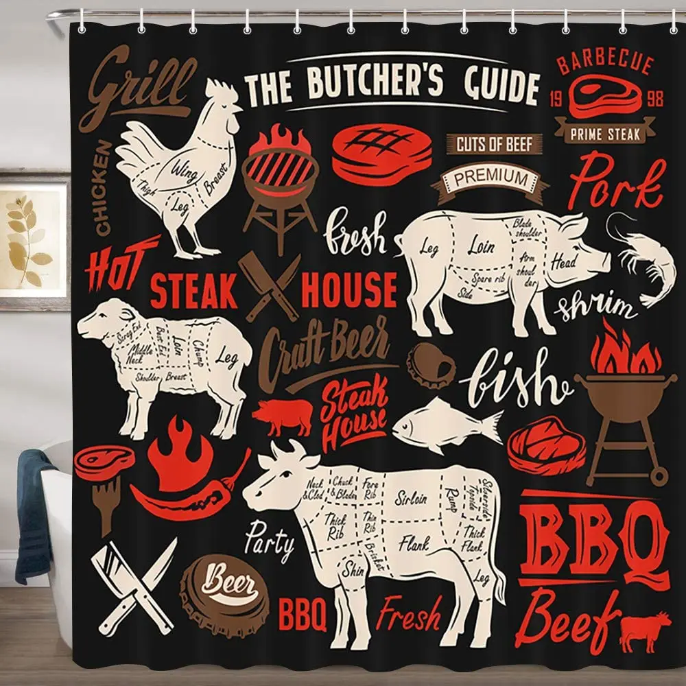 Farmhouse Animal Shower Curtain Cow Pig Rooster Hen Black Background Fabric with Hooks Bathroom Waterproof Bath Curtains