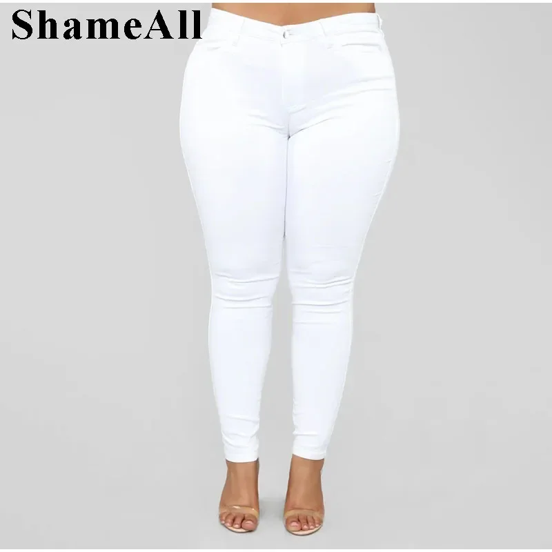 Plus Size Super Thin White Blue Stretch Skinny Pencil Jeans High Waist 5XL Slim Fit Jeans Mom Women White Wash Long Denim Pants