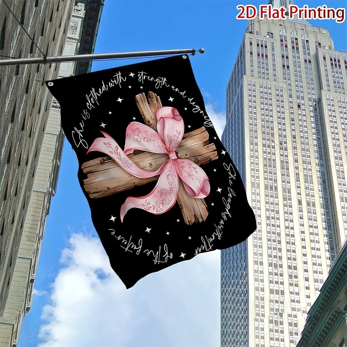 Christian Cross Pink Bow Flag Religious Bible Verse Outdoor Polyester Banner Garden Decor