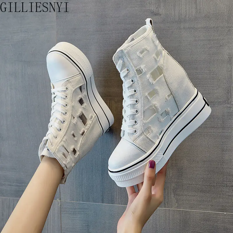 2022 New Women Lace-up Canvas Shoes Wedge Heel Platform Inner Heightening Female Shoes High Heels Fashion Casual Sneakers