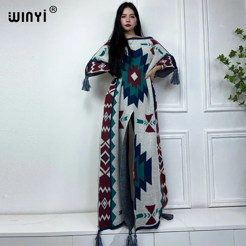 WINYI new Geometric print Comfort Warm fashion Caftan Holiday dress Elegant Africa Boho winter kaftan for women party long dress