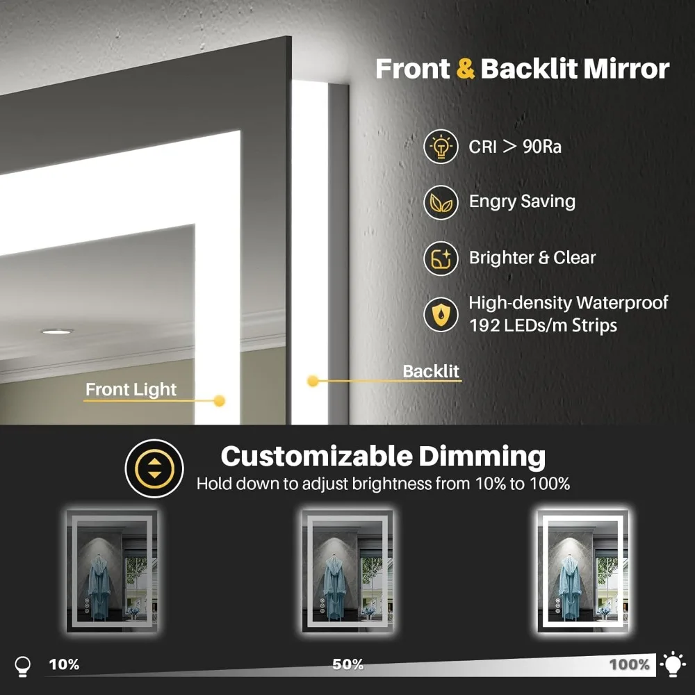 Miroir de salle de bain LED 24x32 pouces avec antibuée, lumières à intensité variable, fonction mémoire, verre trempé incassable